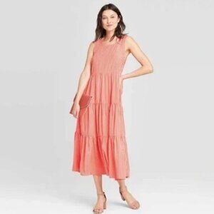 A New Day XS Coral & White Striped Sleeveless Tiered Midi Dress 100% Rayon